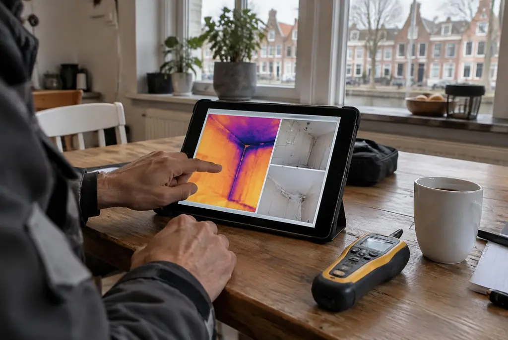 Lekdetectie Werkendam – lekdetectierapport met warmtebeelden en foto's op een tablet