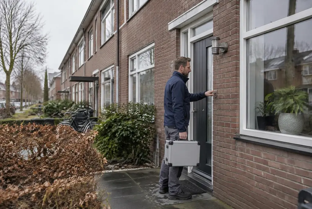 Lekdetectiespecialist met meetkoffer bij de voordeur van een woning in Werkendam